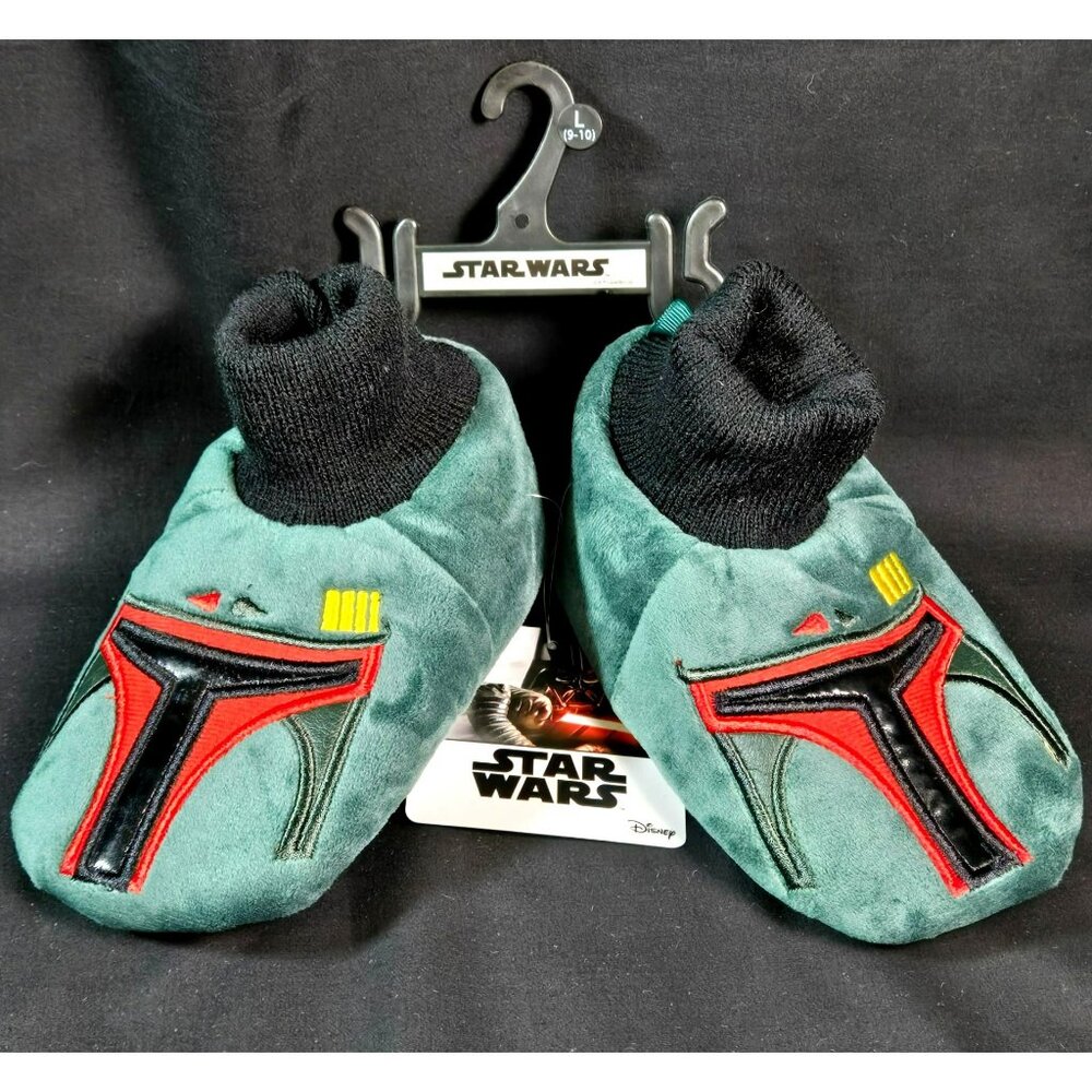 Star Wars Mandalorian Boba Fett Kids Sz 9/10 Slippers Green Red Gripper Shoes